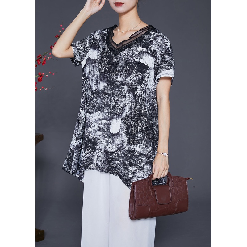 Natural Black Asymmetrical Tie Dye Chiffon Shirt Tops Summer