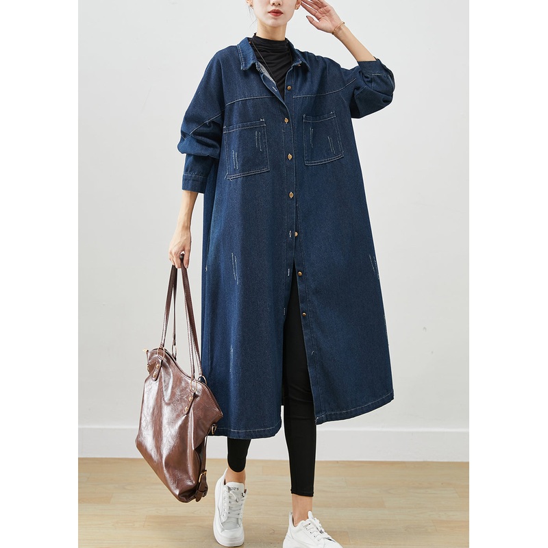 Navy Denim Trench Coats Oversized Pockets Fall