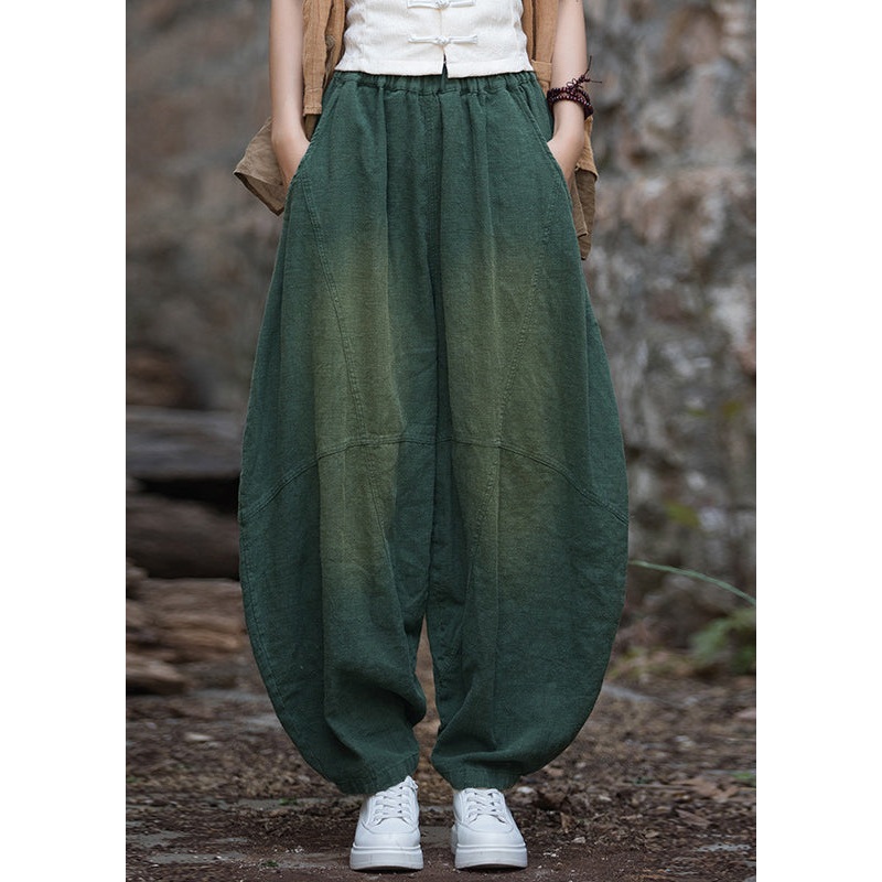 New Casual Green Pockets Patchwork Linen Lantern Pants Fall