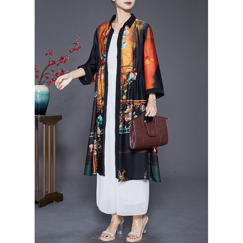 Orange Print Silk Trench Coats Peter Pan Collar Wrinkled Fall