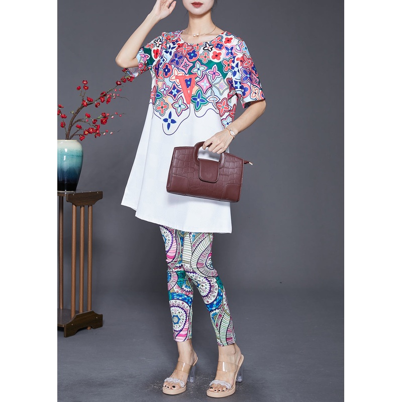 Organic White Print Slim Fit Spandex Two Piece Set Women Clothing Fall