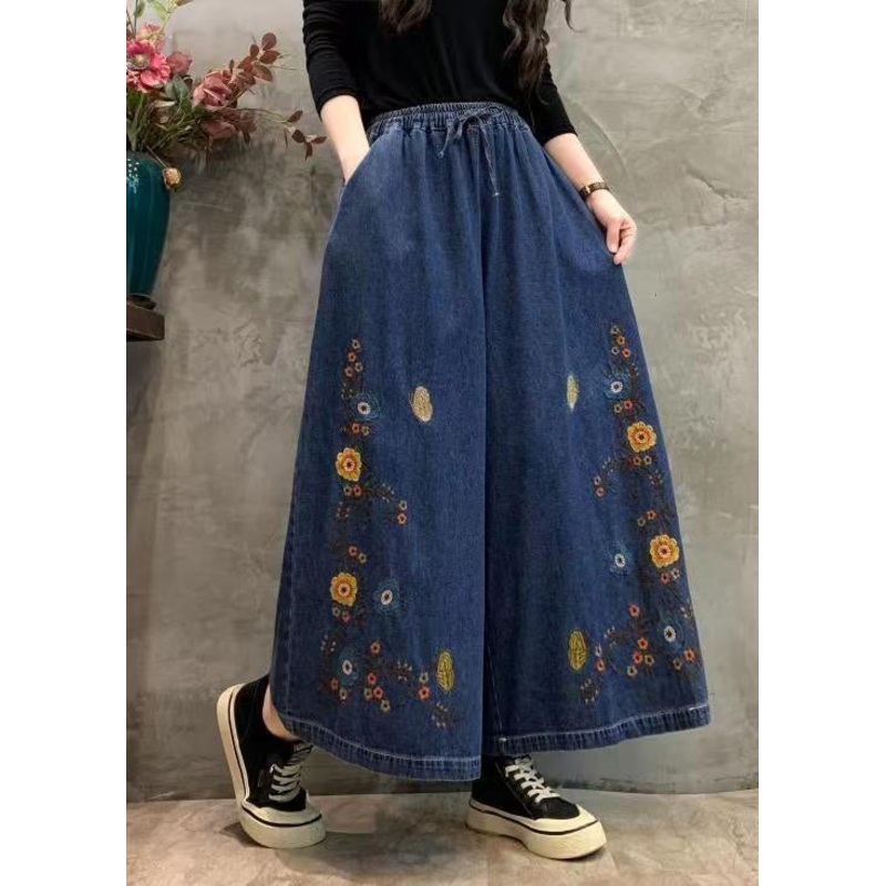 Original Blue Embroidery Patchwork Elastic Waist Denim Wide Leg Pants Autumn
