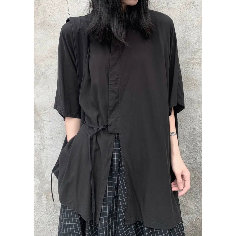 Plus Size Black Peter Pan Collar Lace Up Patchwork Cotton Shirts Bracelet Sleeve