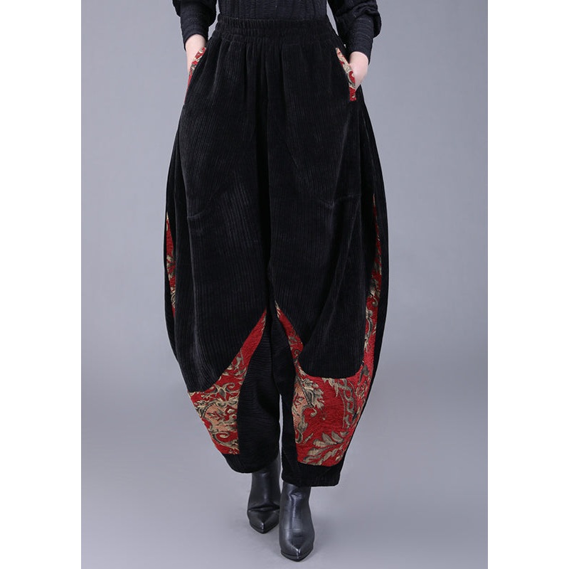 Plus Size Black Pockets Embroideried Corduroy Lantern Pants Fall