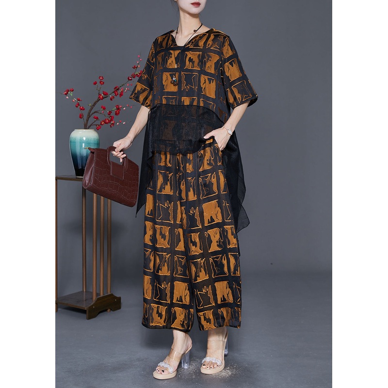 Plus Size Brown Plaid Patchwork Silk Two Pieces Set Fall