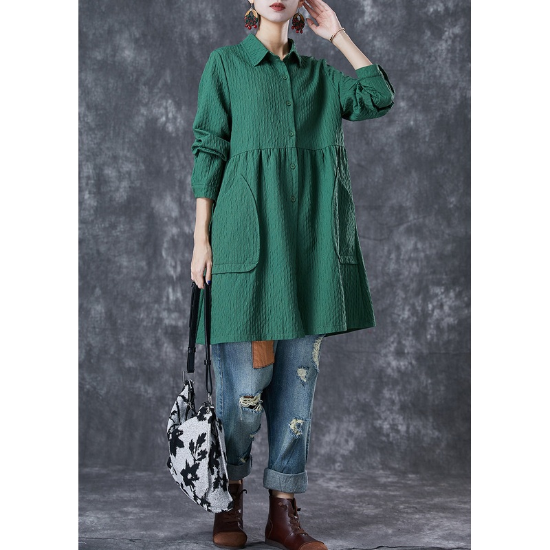 Plus Size Green Oversized Pockets Cotton Trench Fall