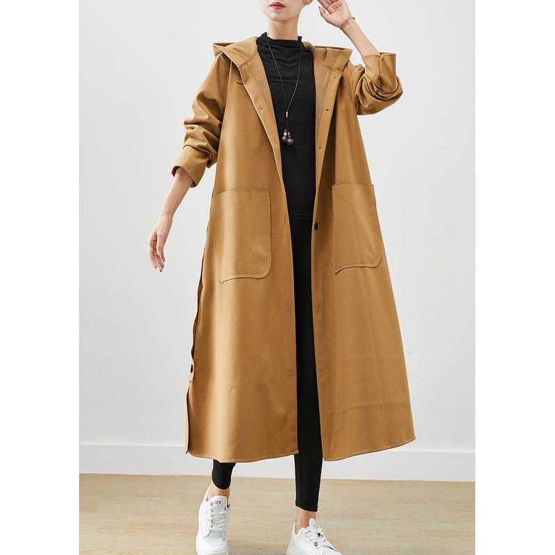 Plus Size Khaki Hooded Pockets Cotton Trench Fall