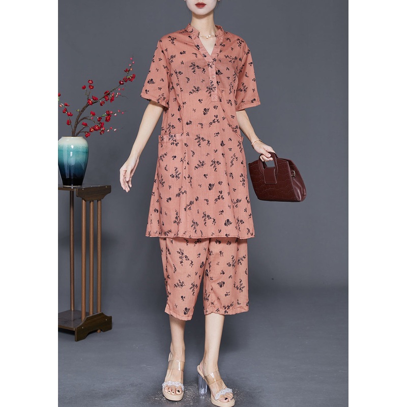 Plus Size Orange Oversized Print Pockets Cotton Two Pieces Set Summer