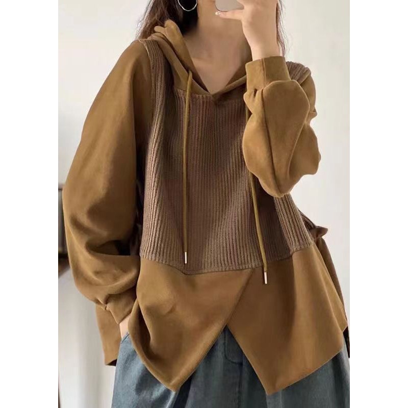 Plus Size Yellow Asymmetrical Patchwork Cotton Hooded Top Fall