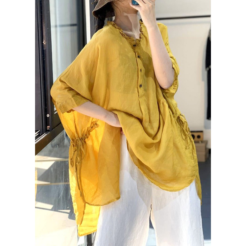 Plus Size Yellow Ruffled Cinched Cotton Shirt Tops Summer
