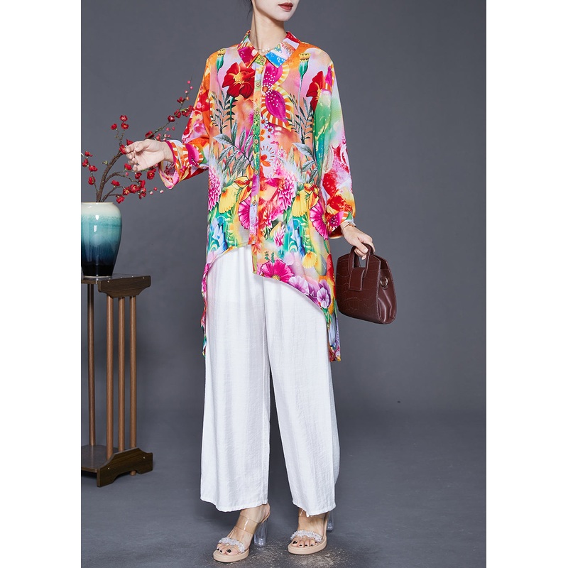 Red Print Cotton Top Oversized Low High Design Fall