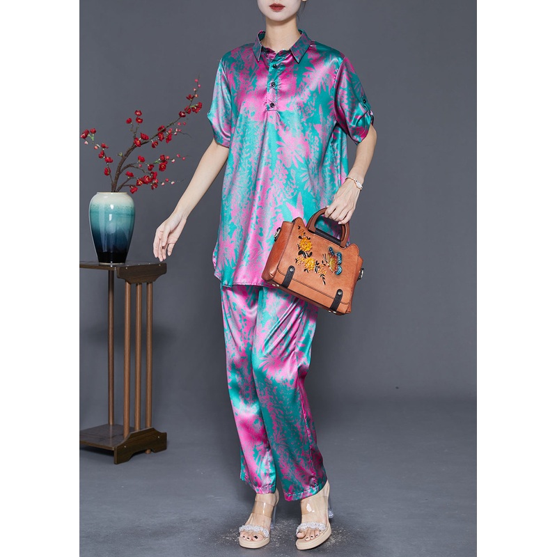 Rose Print Silk Two Piece Set Women Clothing Side Open Fall