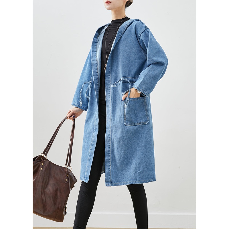 Simple Blue Cinched Hooded Pockets Denim Trench Fall