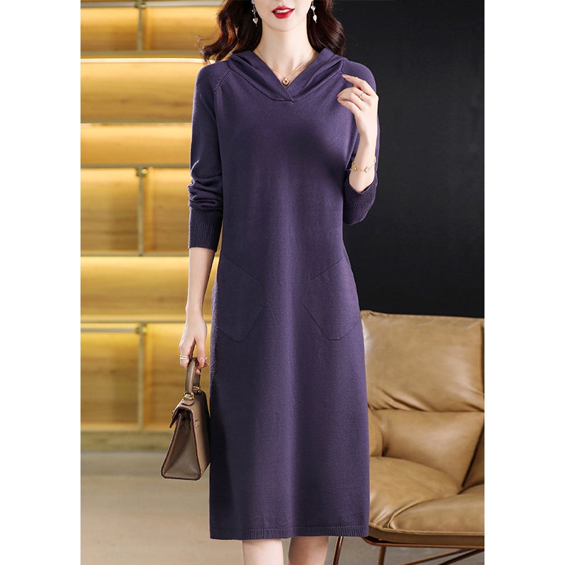 Simple Purple Hooded Pockets Patchwork Knit Dresses Fall
