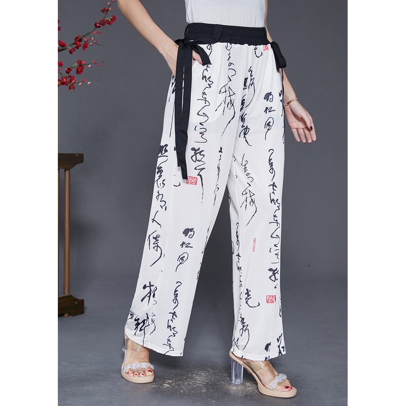 Simple White Elastic Waist Print Chiffon Straight Pants Fall