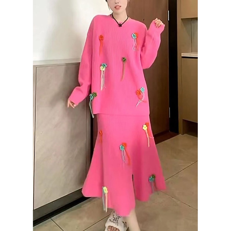 Style Rose O-Neck Tasseled Floral Knit Two Pieces Set Fall