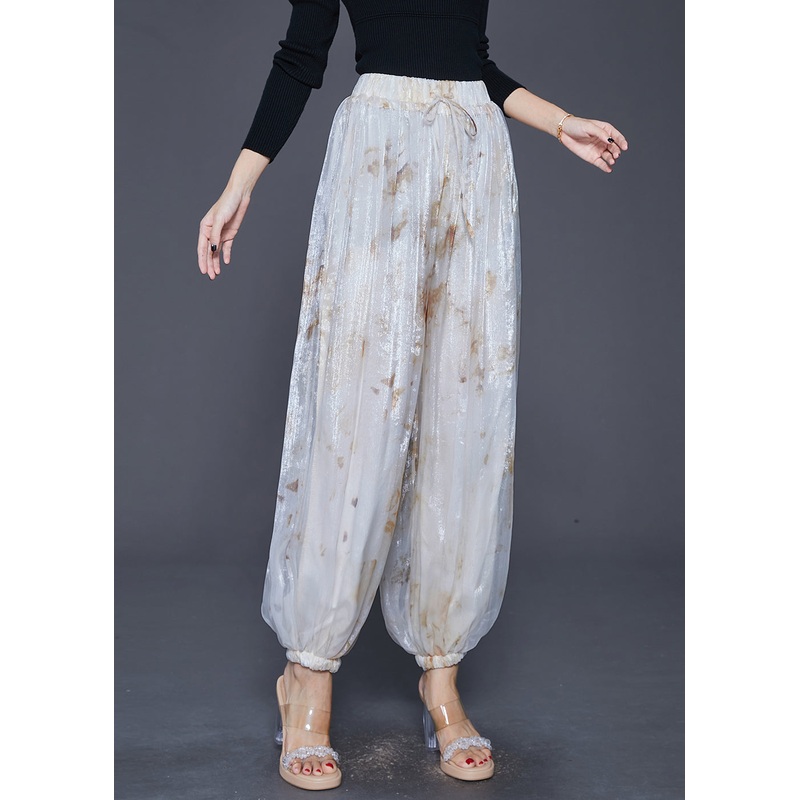 Style White Elastic Waist Tie Dye Silk Harem Pants Fall