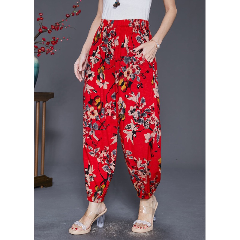 Stylish Red Oversized Print Cotton Harem Pants Fall