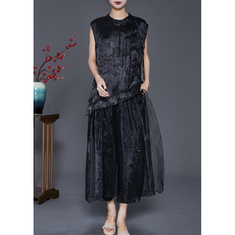 Vintage Black Asymmetrical Jacquard Silk Two Piece Set Fall