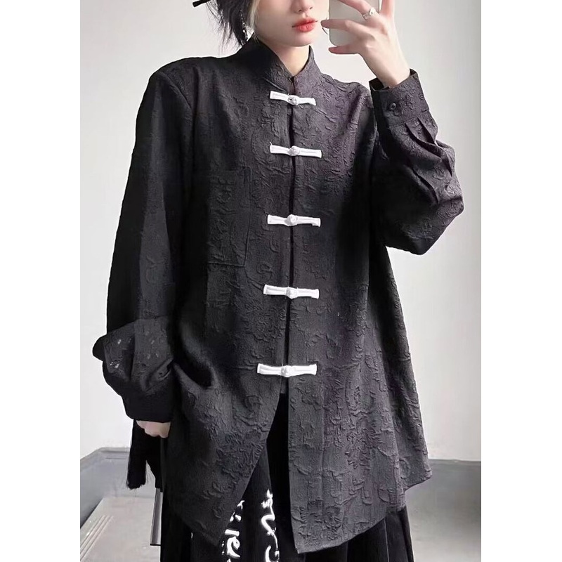 Vintage Black Stand Collar Chinese Button Patchwork Cotton Top Fall