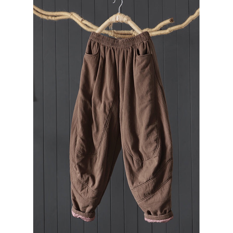 Vintage Coffee Pockets Patchwork Fine Cotton Filled Pants Winter