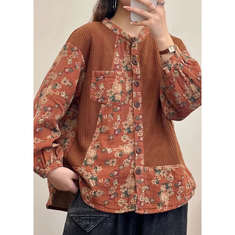 Vintage Green Button Print Patchwork Linen Shirt Top Fall