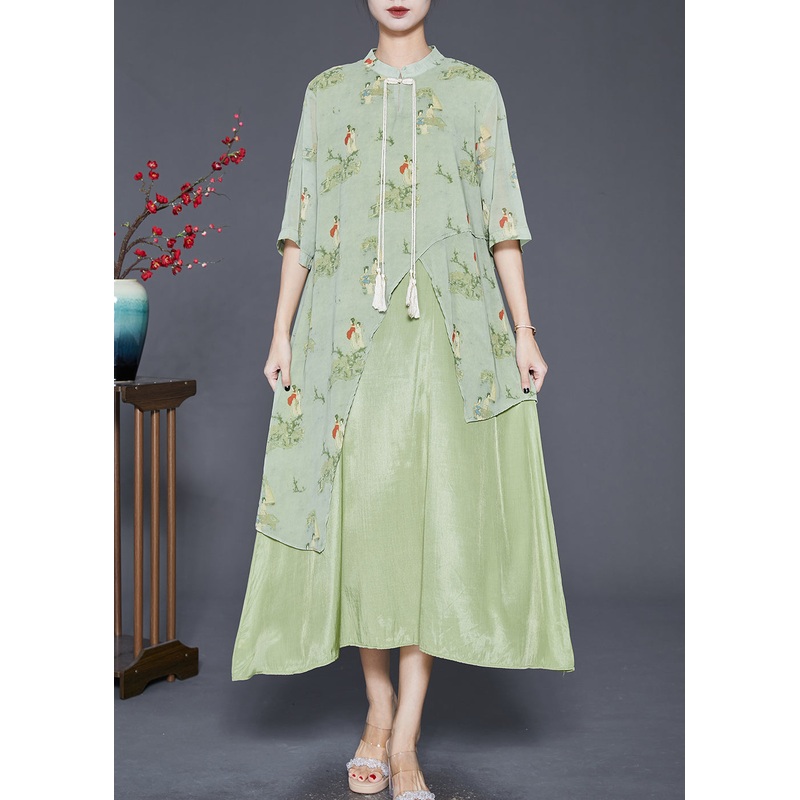 Vintage Green Tasseled Print Silk Long Dresses Summer