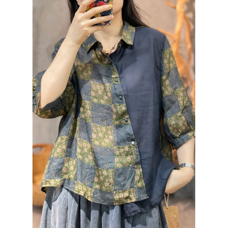 Vintage Navy Peter Pan Collar Print Patchwork Cotton Shirt Fall