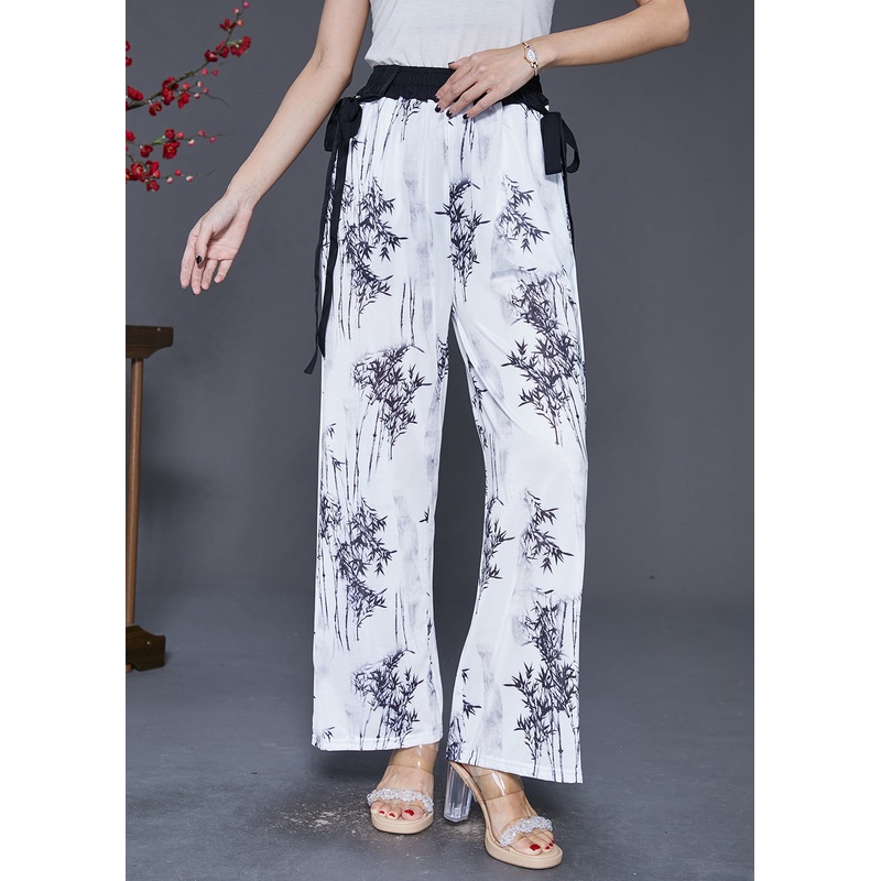 Vintage White Bamboo Print Draping Chiffon Straight Pants Fall