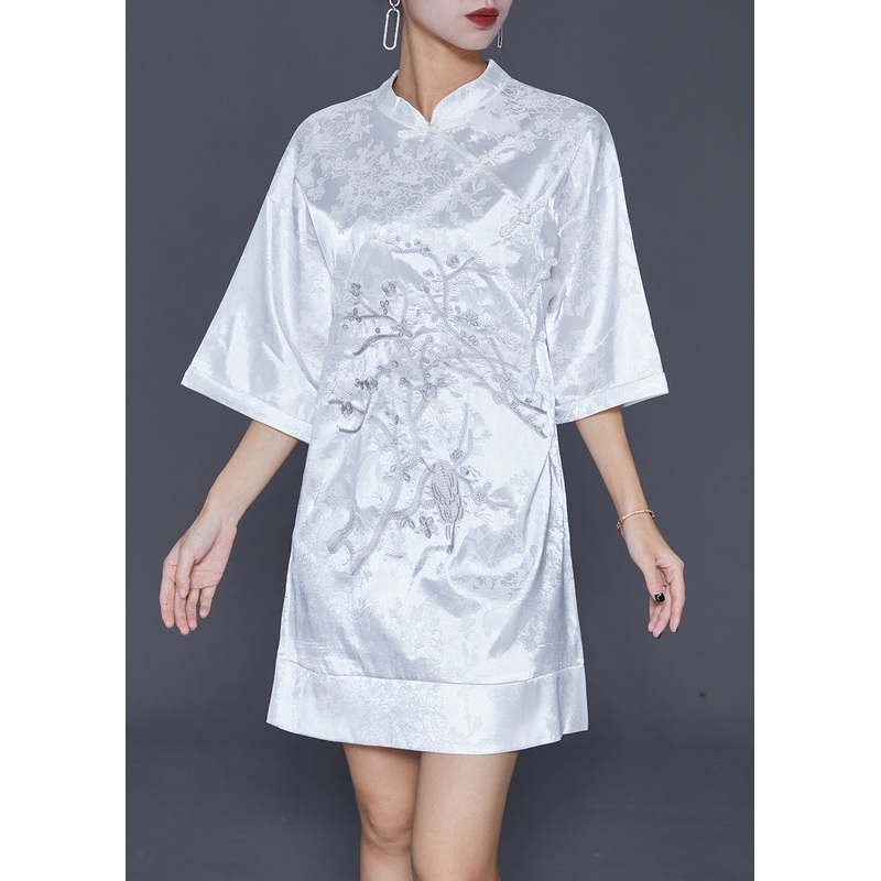 White Jacquard Silk Chinese Style Dress Embroideried Half Sleeve