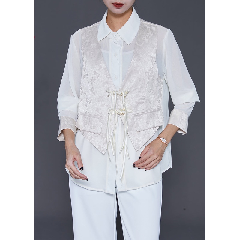 White Jacquard Silk Fake Two Piece Shirt Top Chinese Button Tasseled Fall