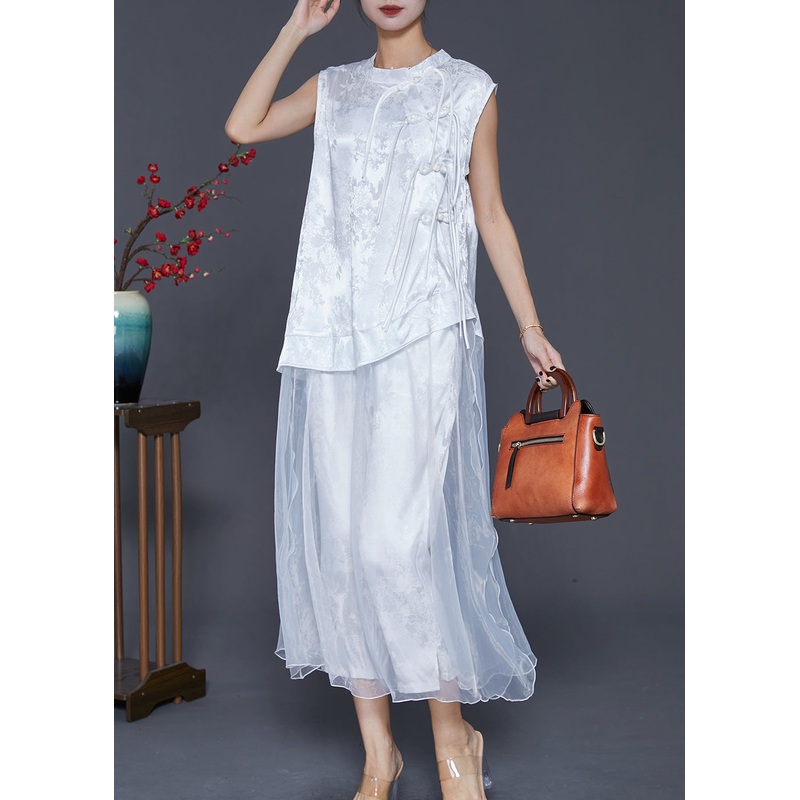 White Patchwork Silk Two Pieces Set Tasseled Jacquard Fall