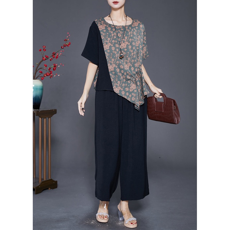 Women Asymmetrical Patchwork Print Silk Two-Piece Set Fall