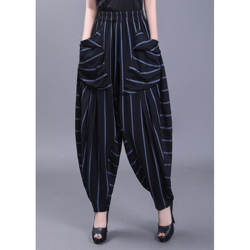 Women Black Pockets Striped High Waist Cotton Harem Pants Fall