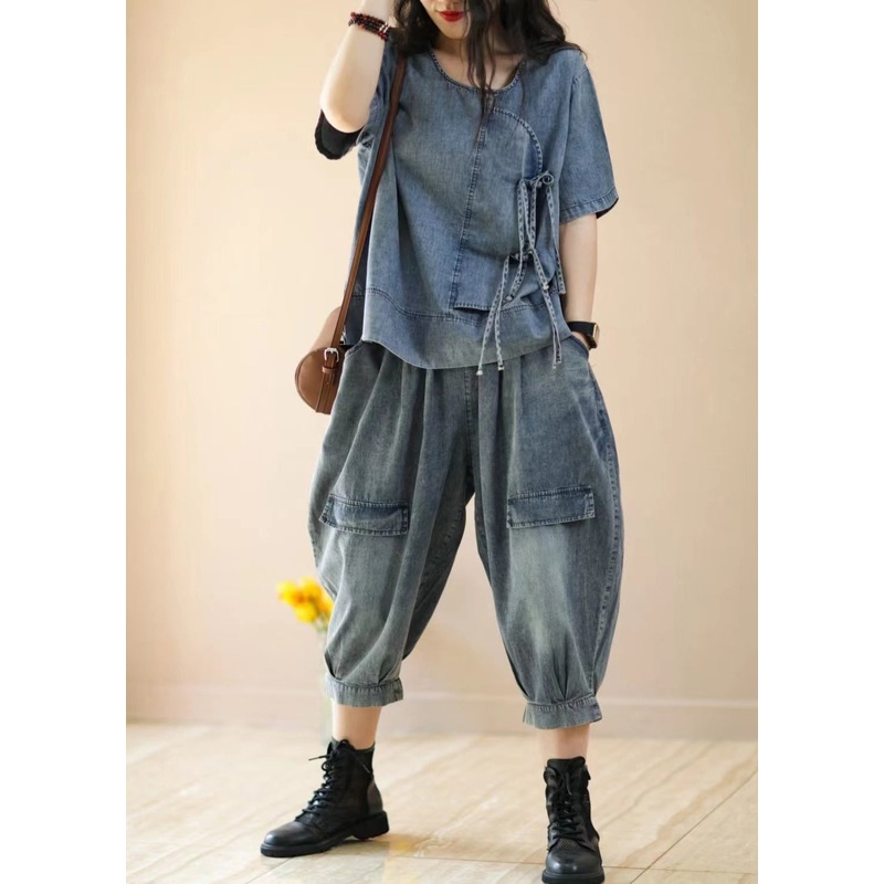 Women Blue Tops And Crop Pants Denim Two Piece Suit Set Summer