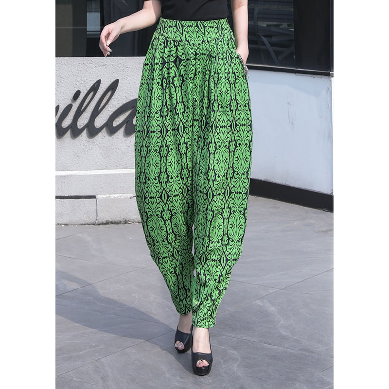 Women Grass Green Pockets Print Chiffon Lantern Pants Summer