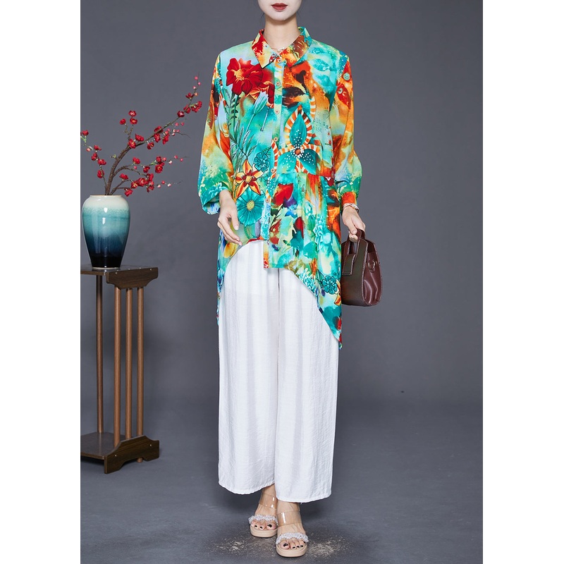 Women Green Asymmetrical Print Cotton Shirt Top Fall