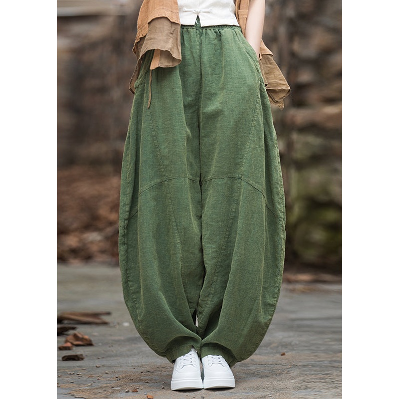 Women Green Pockets Elastic Waist Patchwork Linen Pants Fall