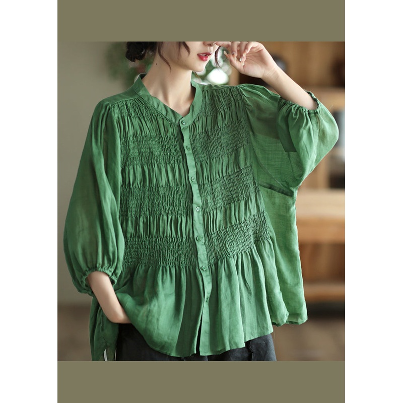 Women Green Stand Collar Wrinkled Patchwork Cotton Shirt Summer