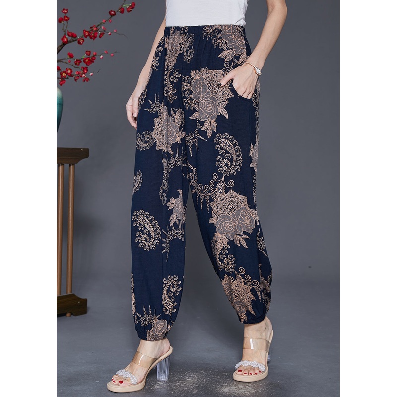 Women Navy Oversized Print Cotton Lantern Pants Fall