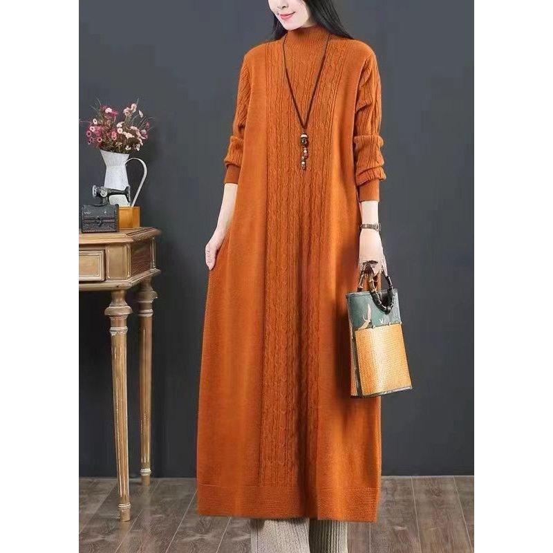 Women Orange Turtleneck Patchwork Knit Dresses Winter