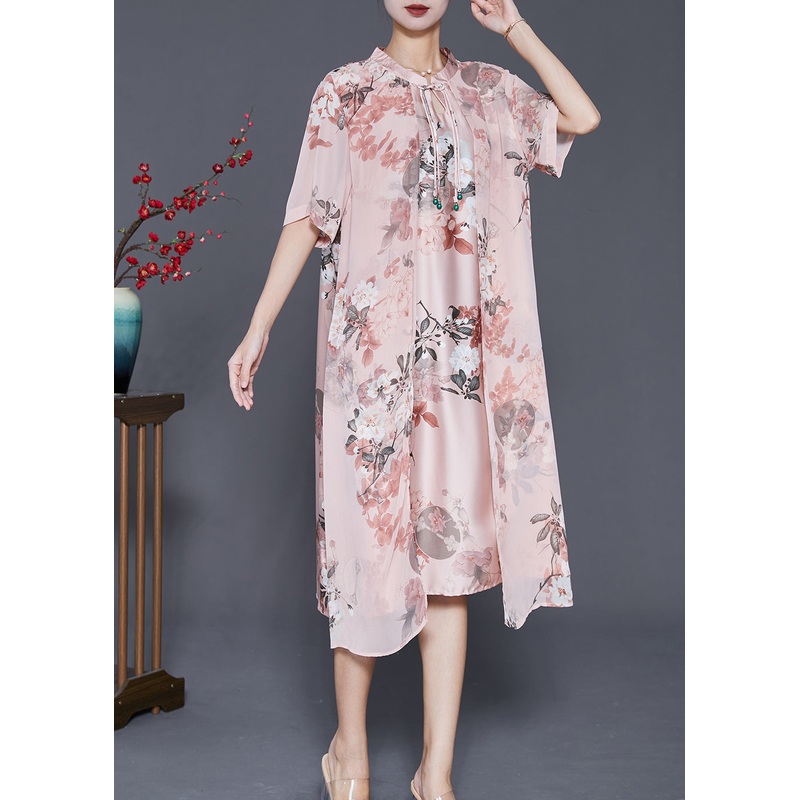 Women Pink Tasseled Print Silk Maxi Dress Summer