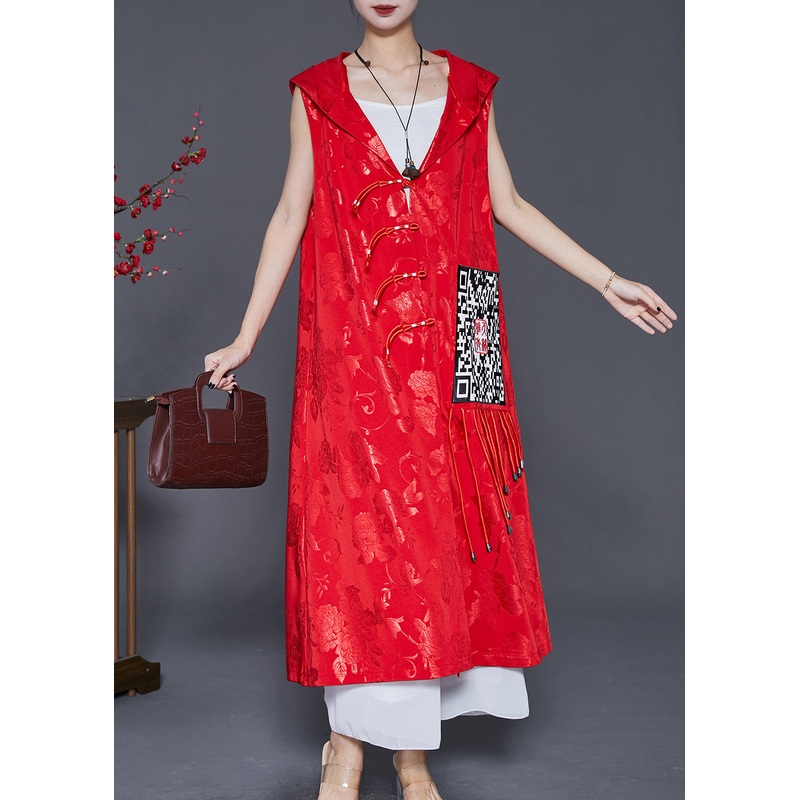 Women Red Jacquard Tasseled Silk Long Vest Fall