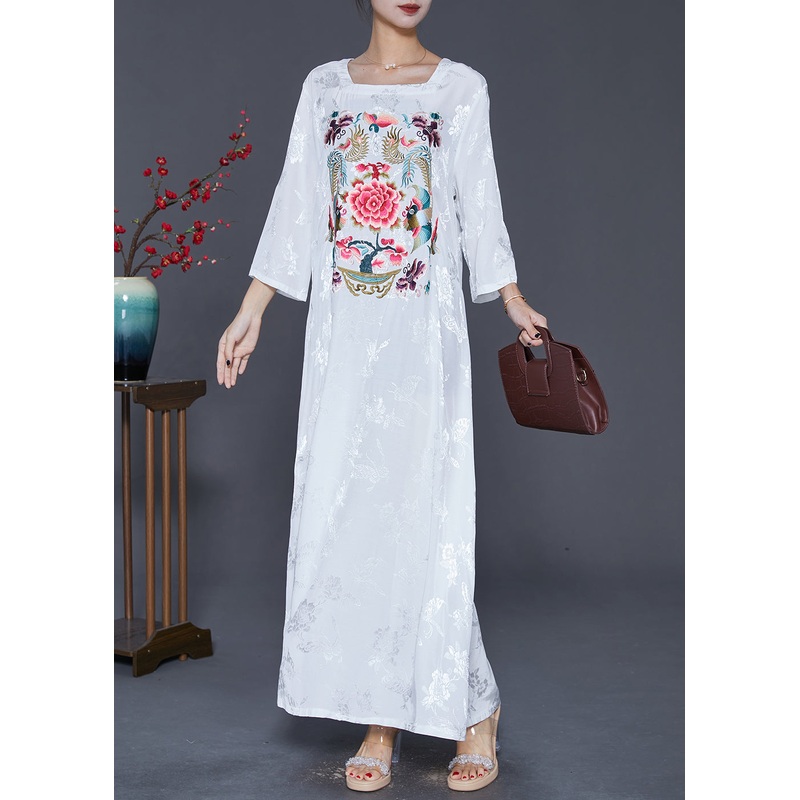 Women White Square Collar Embroideried Silk Ankle Dress Fall