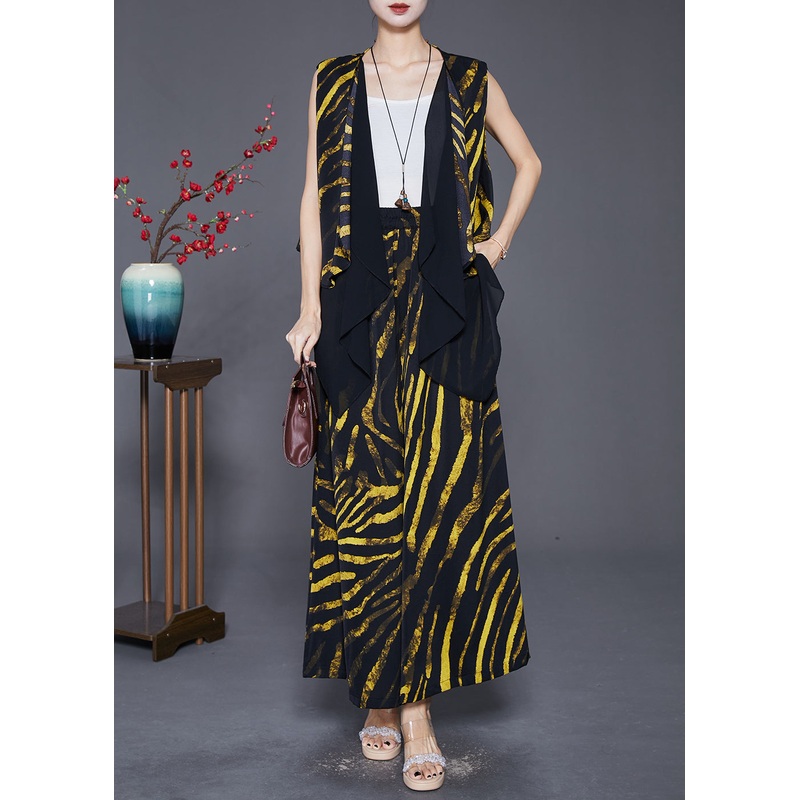 Yellow Striped Cotton Vest And Pants Two-Piece Set Asymmetrical Design Fall