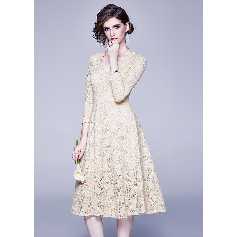 Apricot Lace Cinch Dresses Zip Up Solid Color Bracelet Sleeve