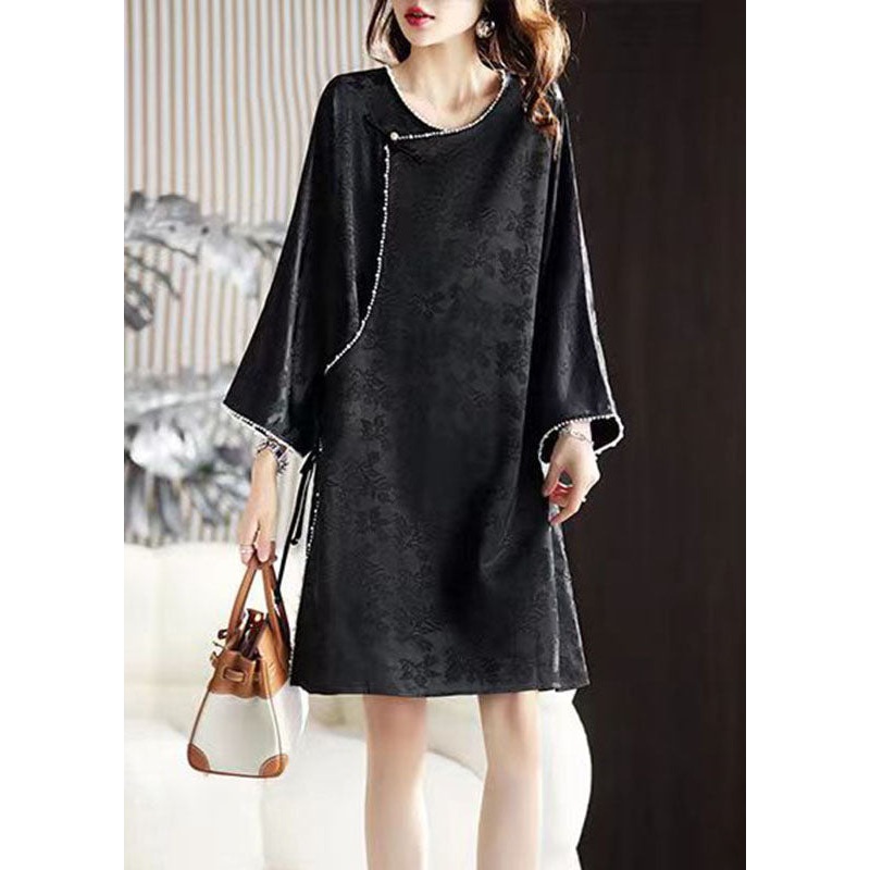 Art Black O-Neck Nail Bead Silk Mid Dress Long Sleeve