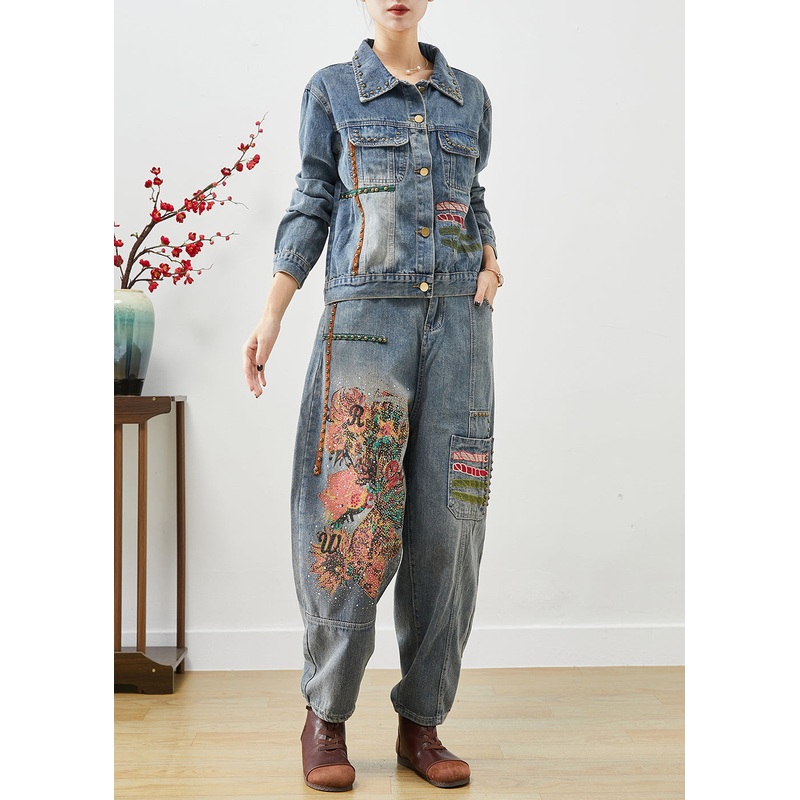 Art Blue Embroidered Print Rivet Denim Two Pieces Set Fall