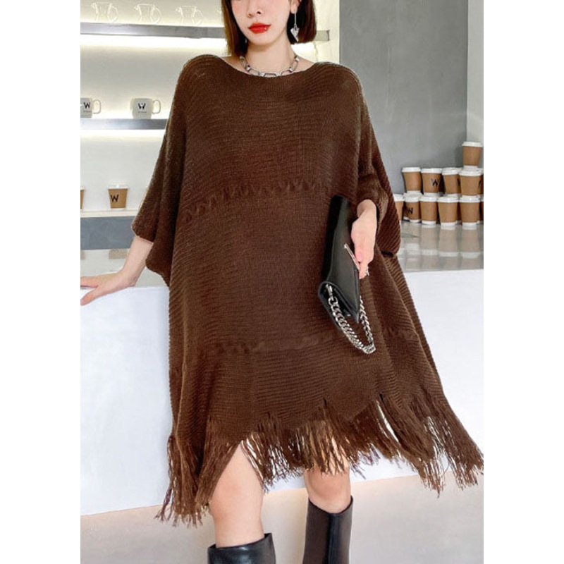 Art Chocolate tasseled asymmetrical design Loose Fall Knit Dress