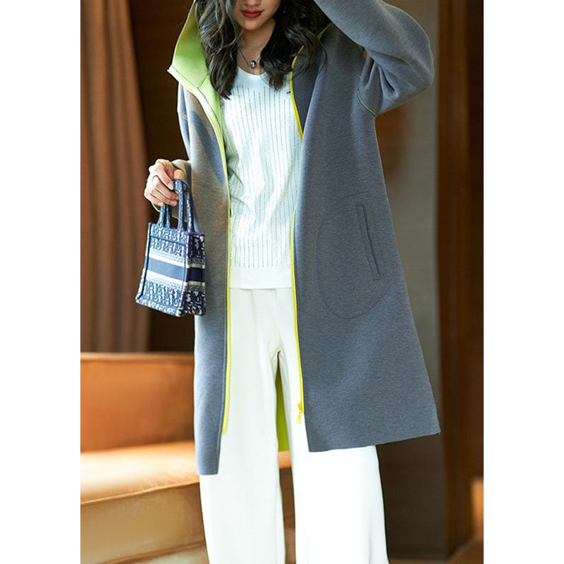 Art Dark Grey Zip Up Contrast Color Patchwork Hooded Coat Long Sleeve